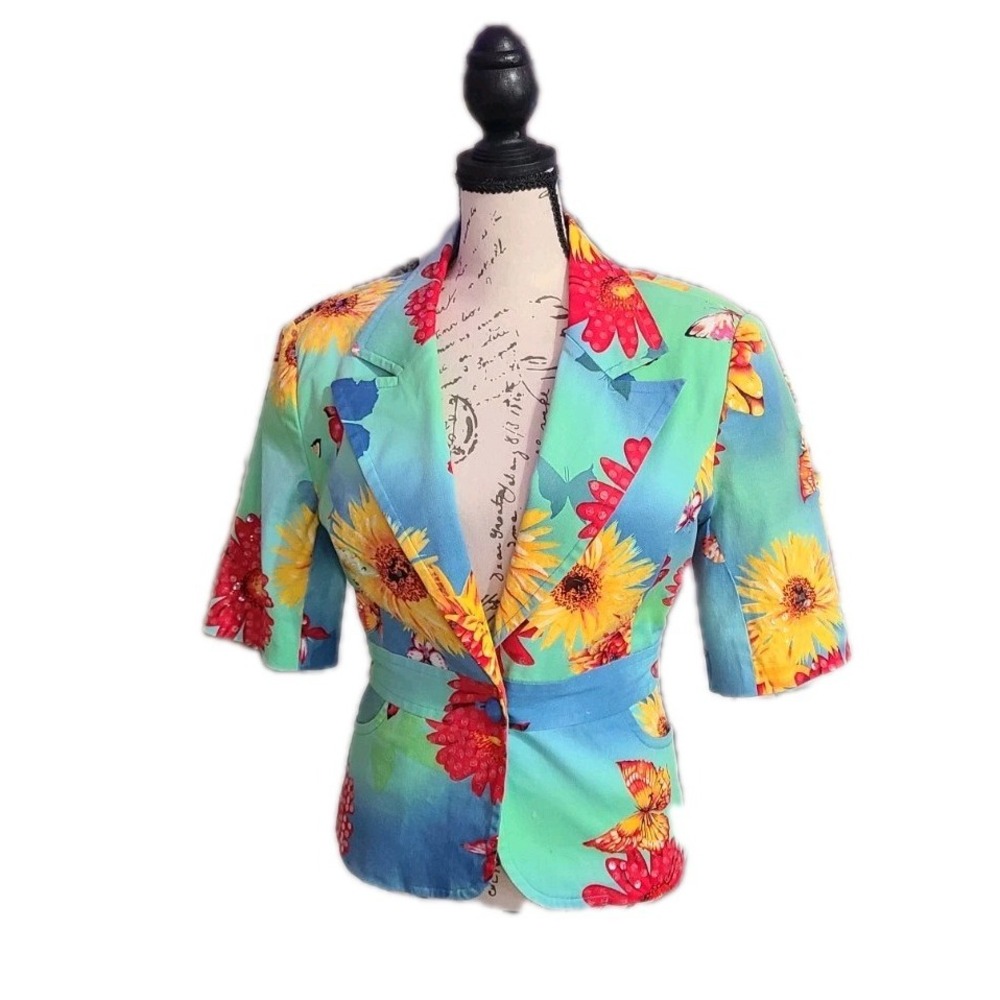 Vintage 90s REDD Jeans Women's Blazer Jacket Size 6 – Bright Floral Sunflower...